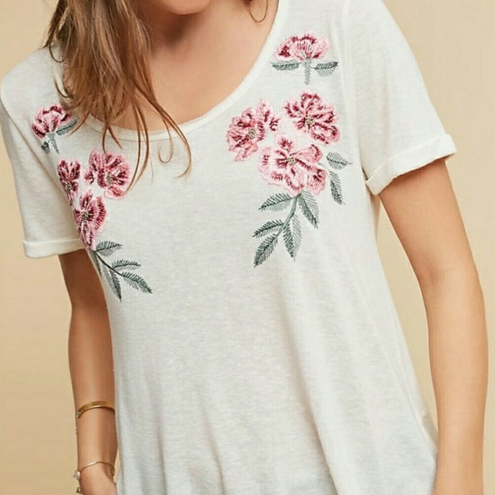 Anthro Postcard embroidered floral linen tee